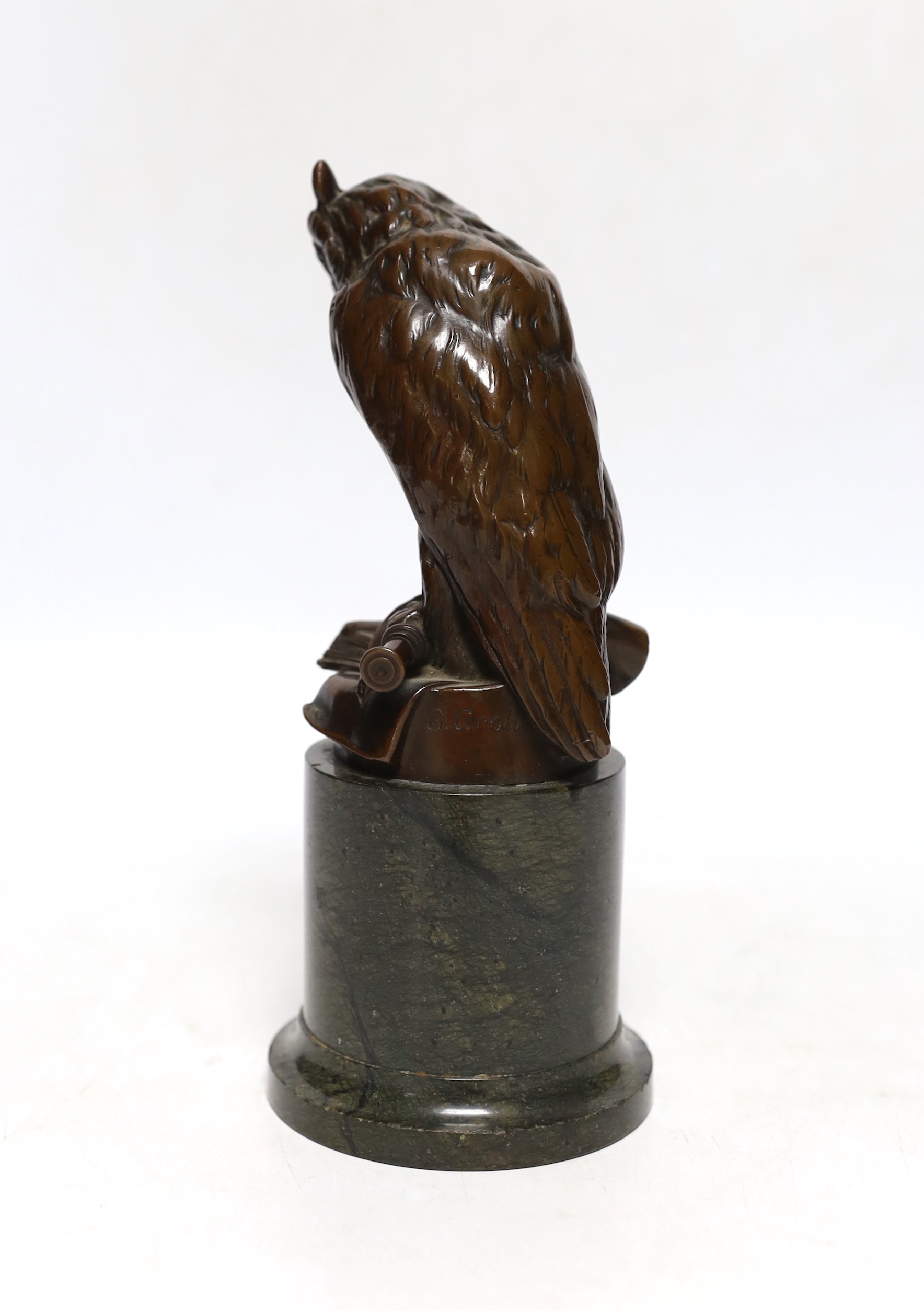 After Gustav Grohe (1829-1906), a bronzed spelter model of a ‘wise owl’, on marble plinth, 19cm